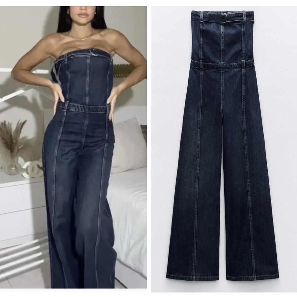 ZARA long strapless denim jumpsuit blogger favorite